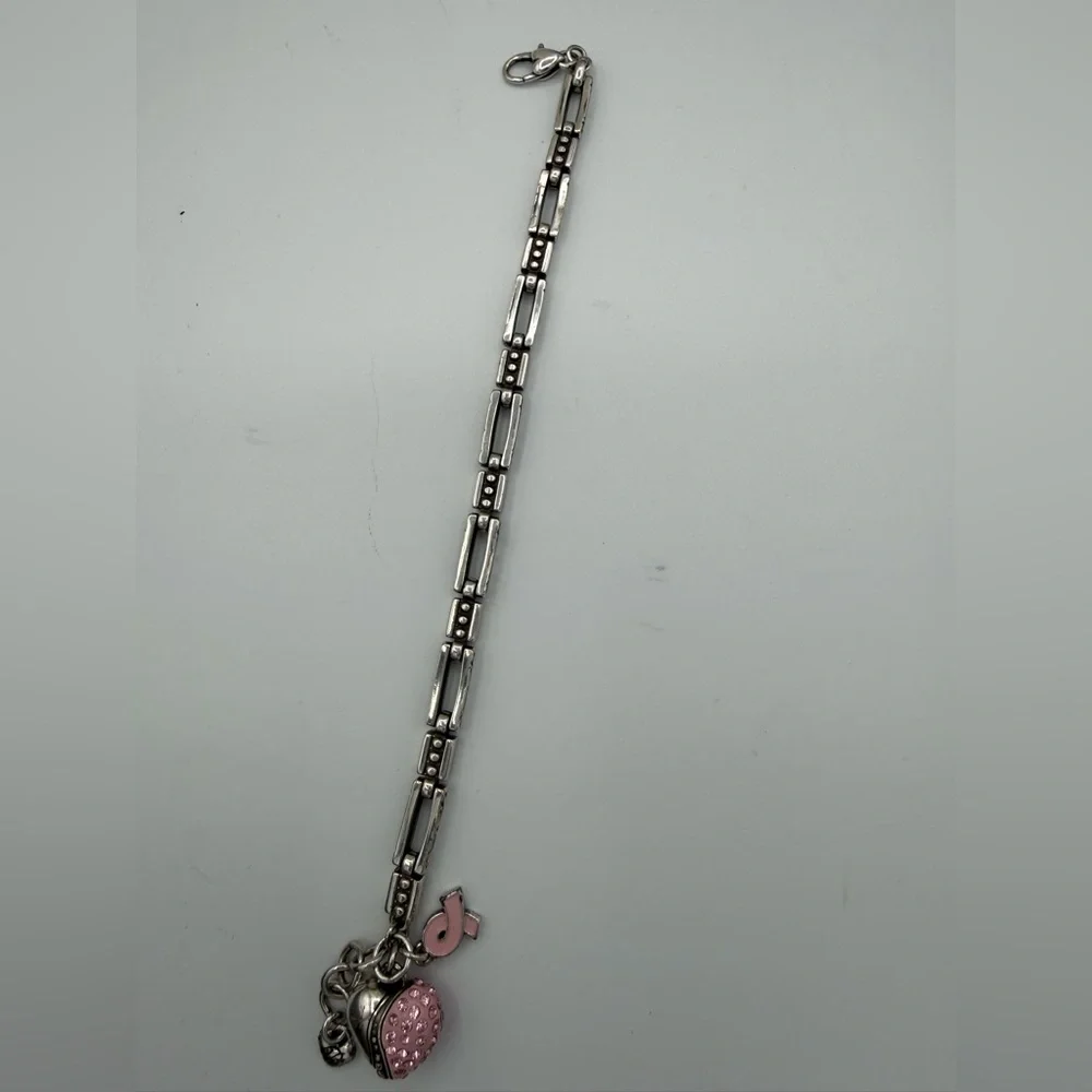 BRIGHTON Pink Ribbon Breast Cancer Awareness Charm Bracelet Silver Crystal Heart